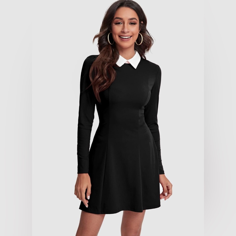 JECEIKA Long Sleeves Peter Pan Collar Aline Fit Flare Wednesday Addam Dresses L